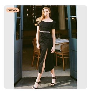 Elegant Black Cotton Off-Shoulder Midi Dress with Front Slit NWOT